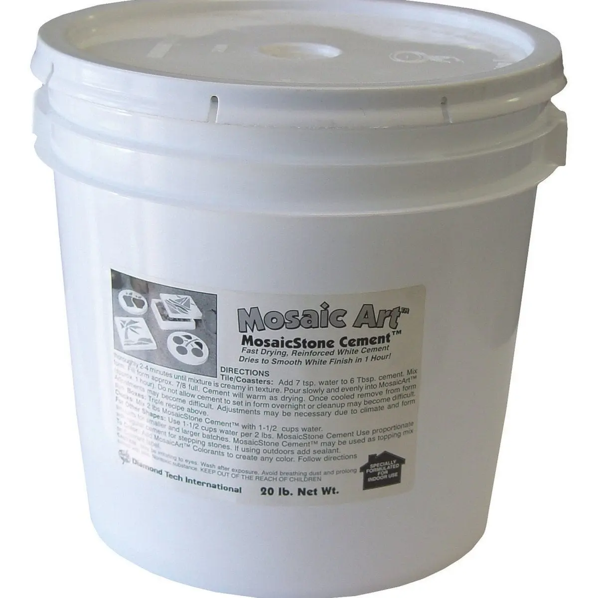 Diamond Tech International 411525 Fast-Dry Mosaic Stone Cement - 20 lbs Resealable Bucket, White, Contains No Allergens, Dries Within 1 Hour, No Reinforcement Needed, Porcelain Look Finish for Mosaic Art, Dries Quickly