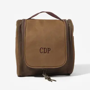 Marleylilly ML Personalized Waxed Canvas Hanging Toiletry Bag in Brown with Multiple Compartments & Custom Initials
