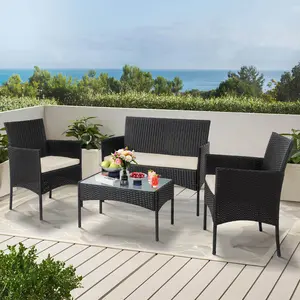 4 Piece Outdoor Wicker Patio Conversation Furniture Set, Rattan Chair Wicker Sofa Garden Conversation Sets with Cushion and Glass Table for Yard Pool or Backyard