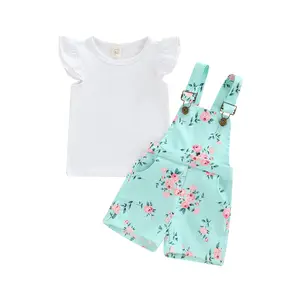 Little Girls 2PCS Pants Set, Fly Sleeve Plain O-Neck T-Shirt, Floral Patterns Copper Buttons Suspender Short Pants summervibes