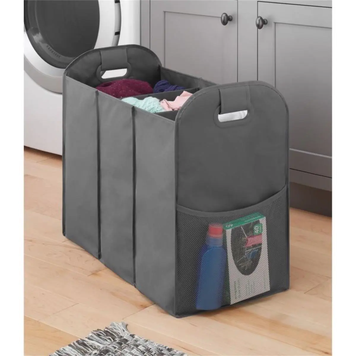 Whitmor Gray Fabric Collapsible Portable Laundry Basket Sorter Organizer - 22" Height, Accordion Fold, Removable Dividers, Office Desk Organizer, Laundry Basket Organizer