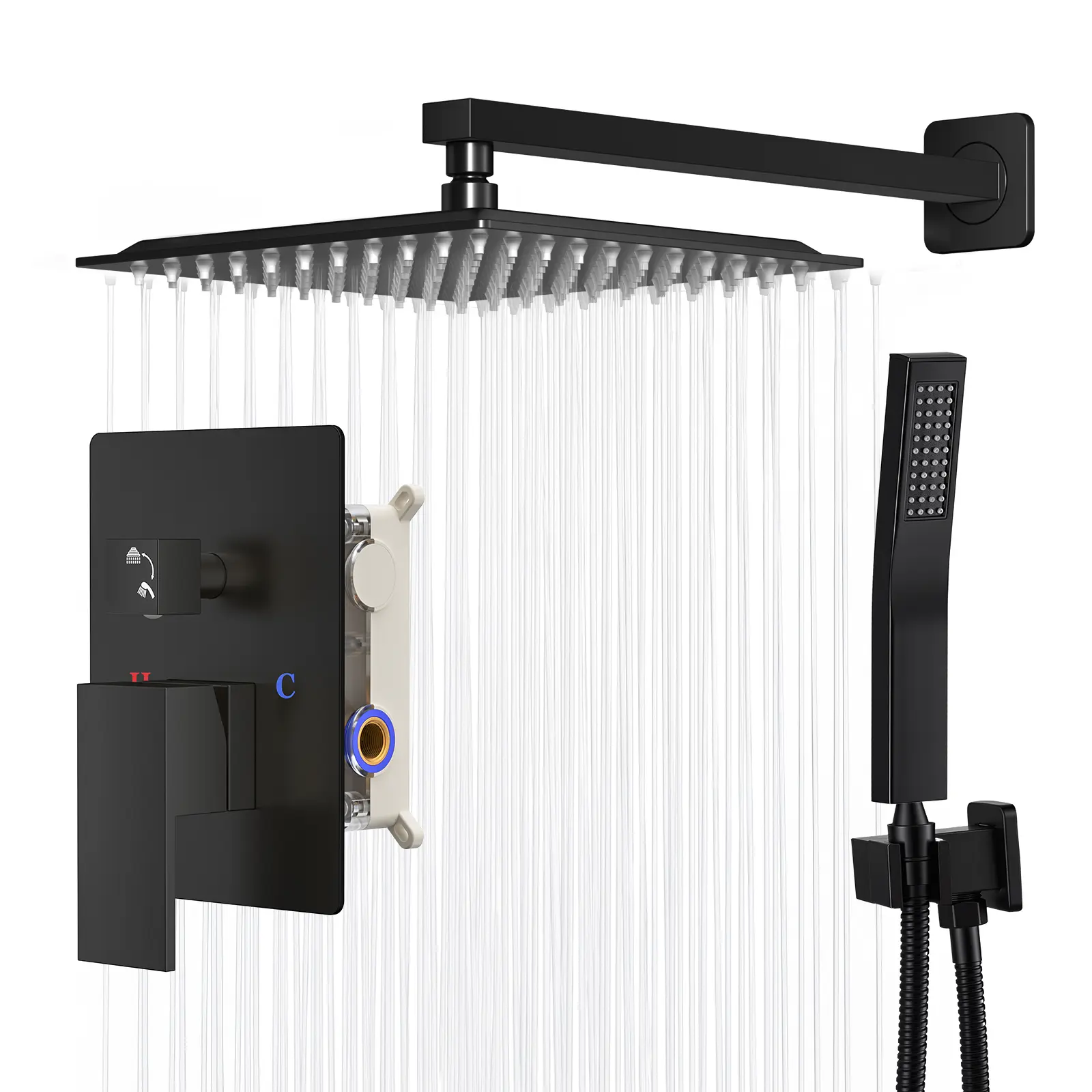 Rain Shower System with Pressure Balance Rough-In Valve, Square Rain Shower Head & Handheld Spray Combo, Wall Mount Dual Function Shower Faucet Complete Kit for Bathroom Renovation