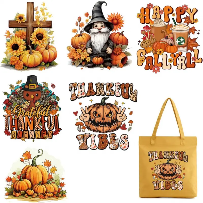 6Sheets Fall Iron on Transfers Iron on Patches Autumn Thanksgiving Heat Transfer Stickers Turkey Maple Gnome Small Flower Design Heat Transfer Vinyl Sticker for T-Shirt Clothing DIY Decor Appliques