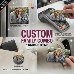 Custom Family Combo 3 Unique Items - Personalized Credit Card Sticker, photo Magnet & Pin Badges