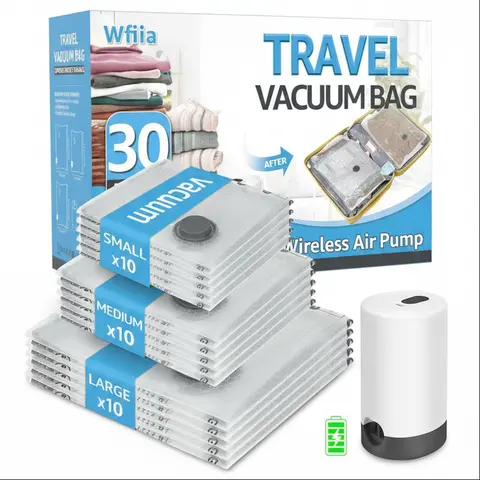 15/30 Pack Vacuum Storage Bags with Rechargeable Electric Air Pump, Travel Compression Bags for Luggage, Space Saving Closet Organizer for Home and Dorm Organiser saver bag
