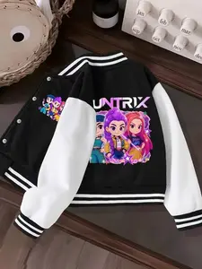 Girls' K-Pop Print Baseball Zip Up Jacket, Casual Sporty Outerwear for Ages 4-14, Fall & Winter Daily Wear, Perfect Birthday Gift