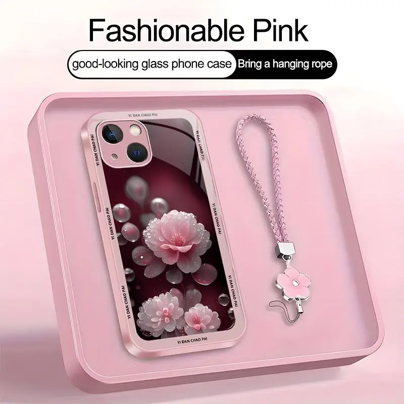 Suitable for [iPhone 14 Plus] high-end women's phone case🤩，a beautiful four-leaf clover lanyard is included🍀, beautiful floral pattern, elegant and sophisticated， drop-resistant and fingerprint-proof YM99