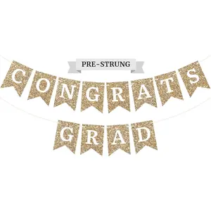 Pre-strung Congrats Grad Banner - No DIY -  Glitter Graduation Party Banner - Pre-strung Garland  6 ft Strand -  Grad Congrats Class of 2026 Party Decorations & Decor. Did We Mention No DIY