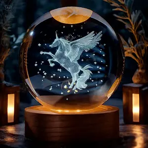 Unicorn Figurine Crystal Ball Lamp with LED Stand, 3D Laser Engraved Glass Sphere Decorative Balls Paperweight，mothers day gift