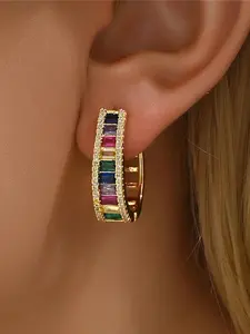 Vintage Rainbow Zircon Stone Geometric Hoop Statement Earrings For Women Fashion Gold Silver Color Wedding Jewelry