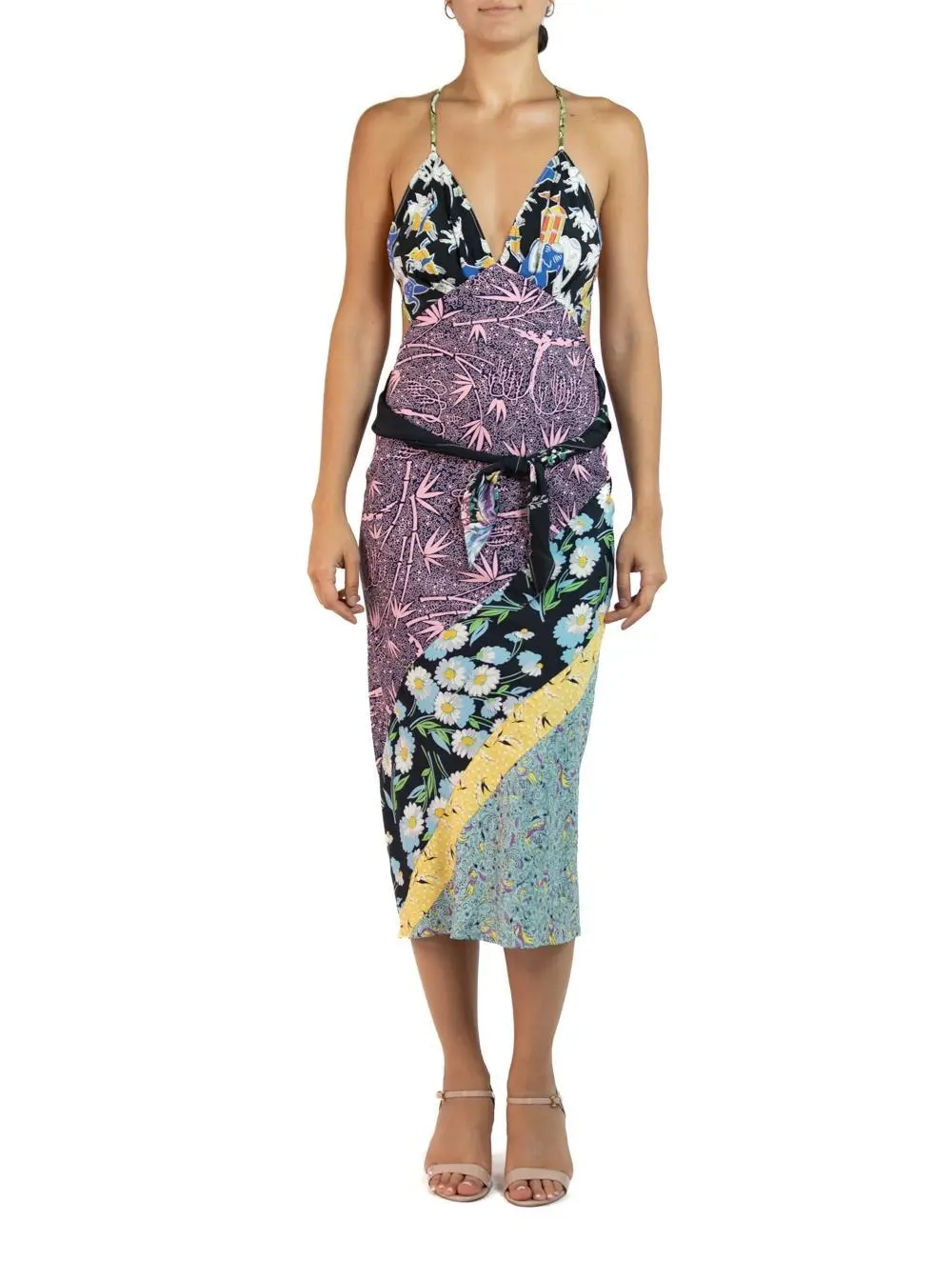 MORPHEW COLLECTION Black & Pink Bias Cut 1940S Cold Rayon Floral Sagittarius Dress