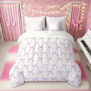 7 Pieces Cartoon Bowknot Kids Comforter,Bow Tie Knot Princess Girls Bedding Set,Cute Bow Sketch Geometric Purple Romantic（Comforter+Fitted+Flat+2 Pillowcases+2 Throw Pillow Covers）