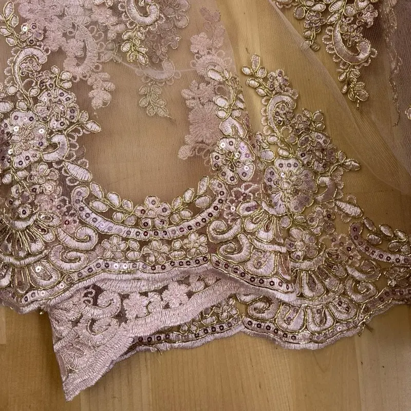 Pink and Gold Lace Fabric with Sequins-Applique Lace Fabric