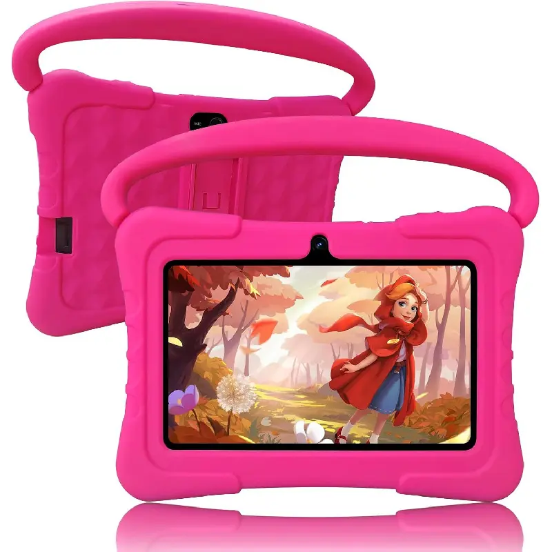 Kids' 7-Inch Learning Device with Pink Shockproof Silicone Stand Case, 32GB Storage, Parental Controls, Wi-Fi, Bluetooth, Dual Camera with 2MP Rear, Android Tablets, Handheld, Card