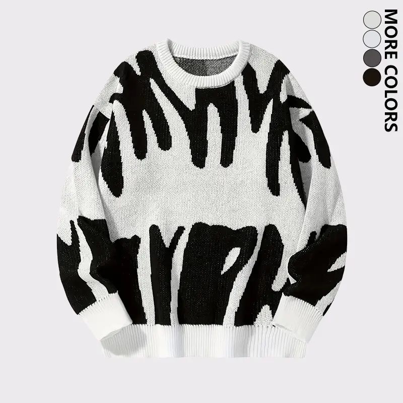 Men's Crew Neck Sweater, Unisex Oversized Drop Shoulder Knit Pullover, Trendy Color Block Long Sleeve for Casual Outdoor Streetwear & Preppy Daily