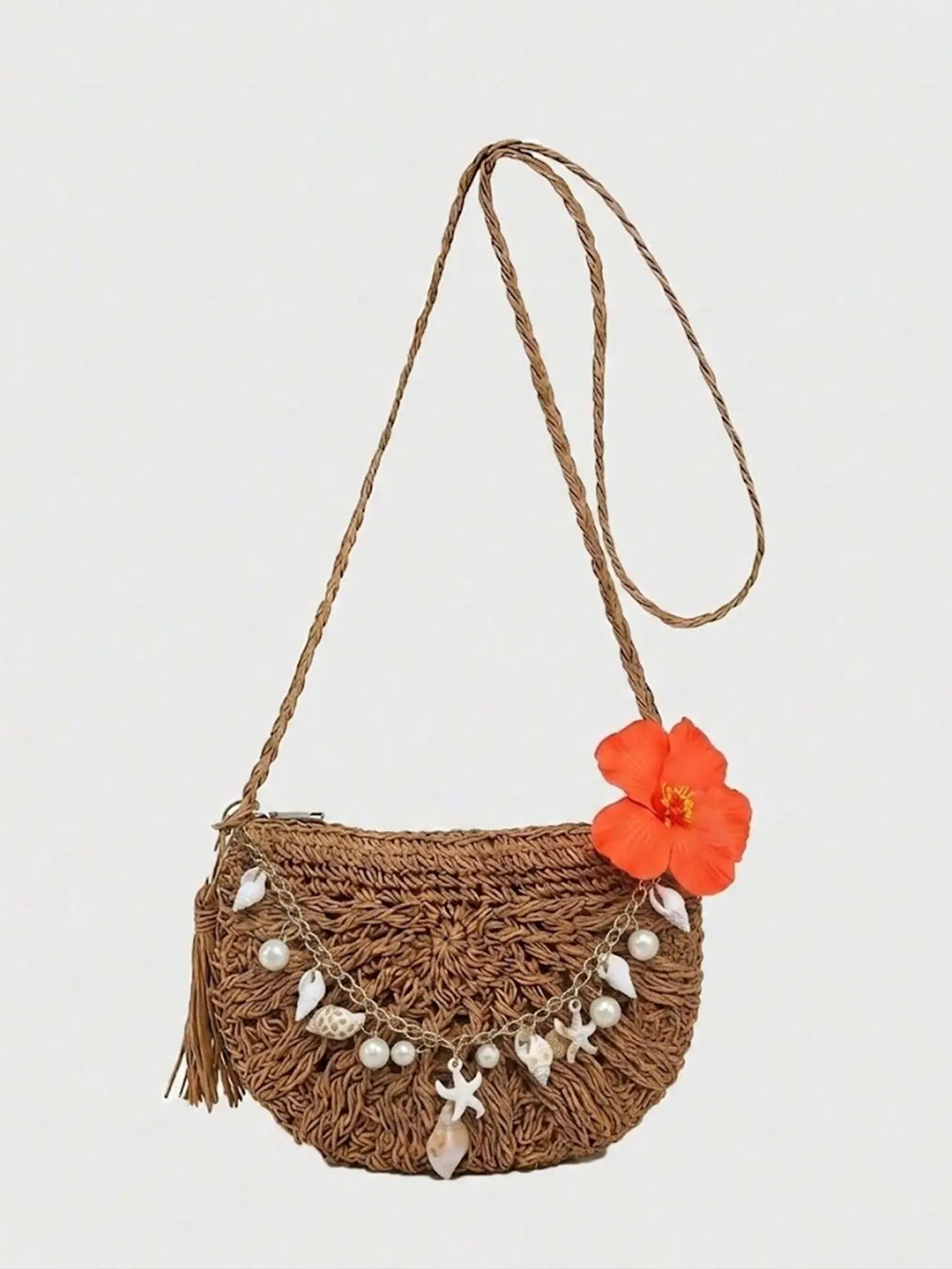 Exquisite retro personalized straw woven crossbody bag with fan-shaped pattern design, shell and starfish ornaments, flower embellishment+tassel, compact and portable, essential for beach/travel/vacation, Casual Boho Style Crossbody bag, Boho straw bag