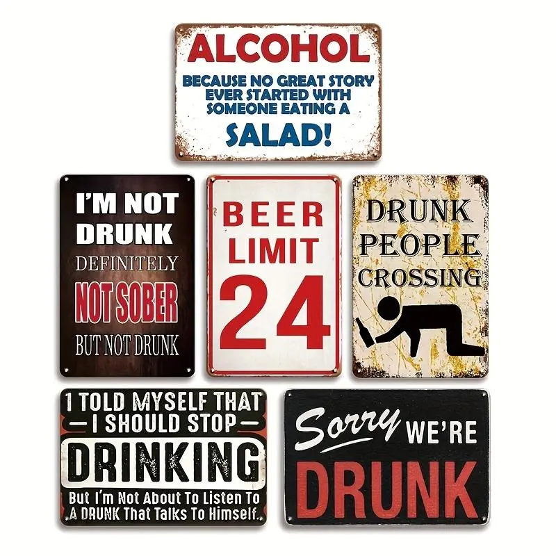 Funny Metal Tin Sign, 6 Counts/set Drinking Sign, Vintage Plaque Decoration for Home, Room, Wall, Bathroom, Bar, Cafe, Garage, Vintage Garage Signs, Wall Art Plaque, Home Decor Products