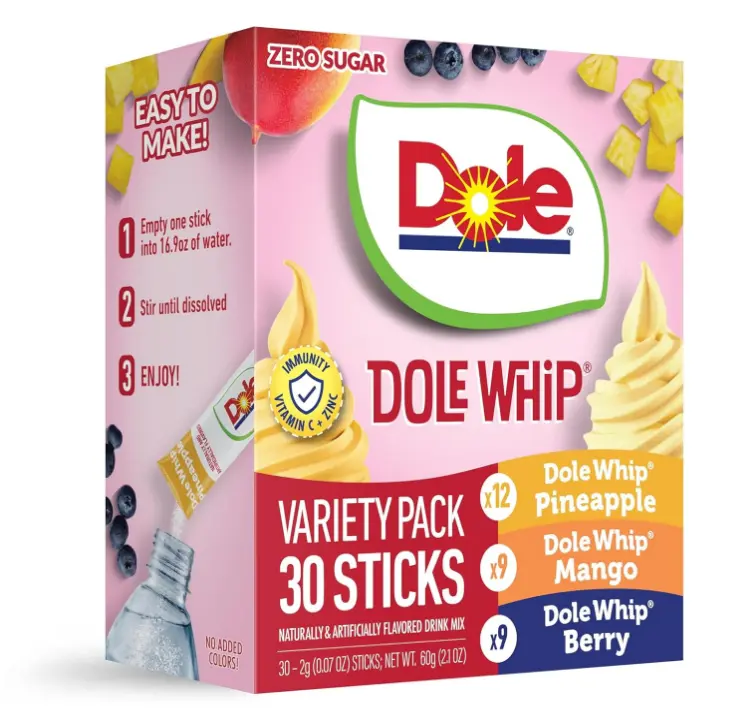 Dole Whip, On-The-Go, Zero Sugar Variety Drink Mix Packets, 30 pack