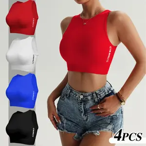 4PCS Seamless High Neck Sports Bra for Women, Built-in Support Crop Top, Gym Workout Yoga Tank Top with "GYM.MINUTE" Logo, Multicolors Available, Suitable for Spring & Summer Wear