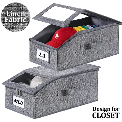 TAYTUU Linen 1-Pack Stackable Trapezoid Hat Organizer Bin - Drawstring, Cardboard-Supported, Transparent Window Design, 16.93"l x 9.06"w x 7.56"h Space-Saving Organizer for Bedrooms, Closets, Holds 12 Caps, Holiday Gifts