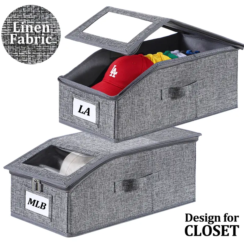 TAYTUU Linen 1-Pack Stackable Trapezoid Hat Organizer Bin - Drawstring, Cardboard-Supported, Transparent Window Design, 16.93"l x 9.06"w x 7.56"h Space-Saving Organizer for Bedrooms, Closets, Holds 12 Caps, Holiday Gifts