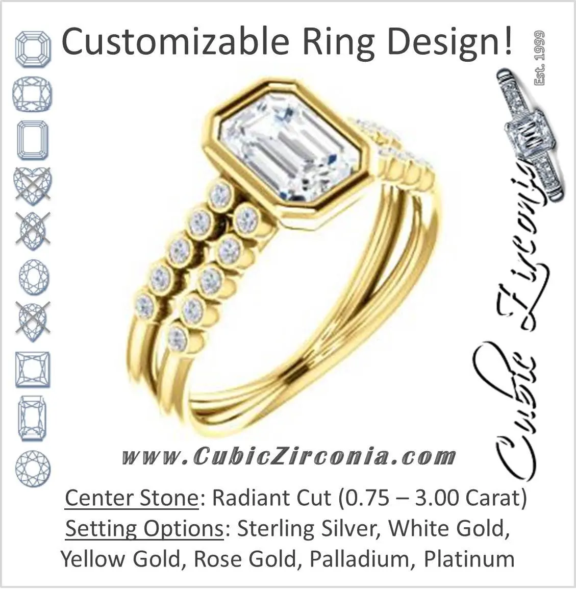 Cubic Zirconia Engagement Ring- The Rafaella (Customizable Bezel-set Radiant Cut Design with Round Bezel Accented Split Band)