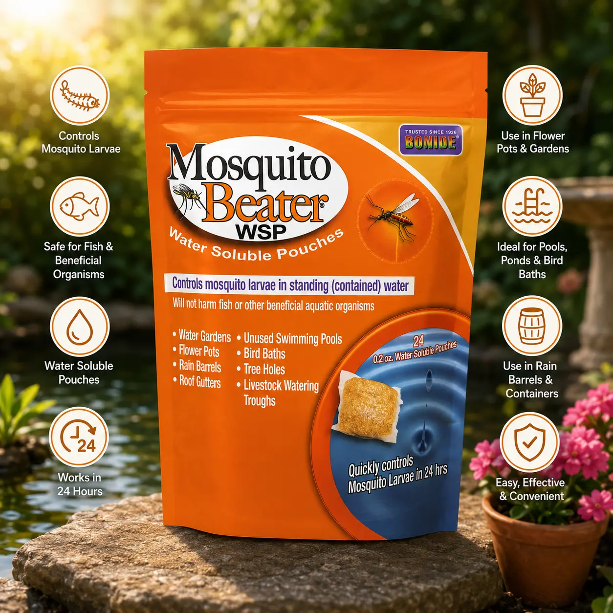 Bonide Mosquito Beater Water Soluble Pouches (24-Pack) - Larva Control for Standing Water, Fish-Safe Pest Control, German Cockroach Gel Bait Insecticide