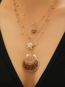 Oceanic Beach Necklace, Starfish Shell Conch Pendant, Multi-Layer Stacking Jewelry, Stylish Accessory for Women & Girls, Alloy Material