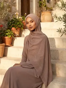 Lm601 Handmade Rhinestone Chiffon Single Layer Headscarf, Modest Plain Design, All Seasons Accessory, Women's Fashion Head Wrap