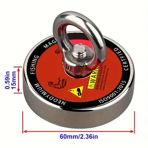 136.08kg Pull Force Fishing Magnet Kit, 2.36 Inch Diameter (60mm), Suitable for Rivers and Magnetic Fishing, Neodymium Iron Boron Set
