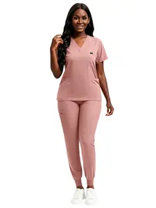 Women's V-Neck Scrub Set, 2-Piece Stretch Fitted Uniform with Jogger Pants, Multi-Pocket Breathable Workwear for Nurses Doctors, Multiple Colors Available Womenswear