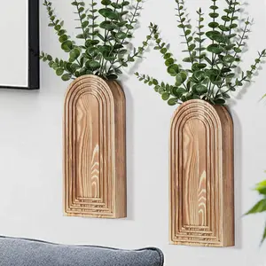 Dnnnii 2-Pack Decorative Wooden Wall Vase Set - Brown Finish Modern Farmhouse & Boho Gift for Mothers Day, Bathroom Decor Set for Narrow Spaces