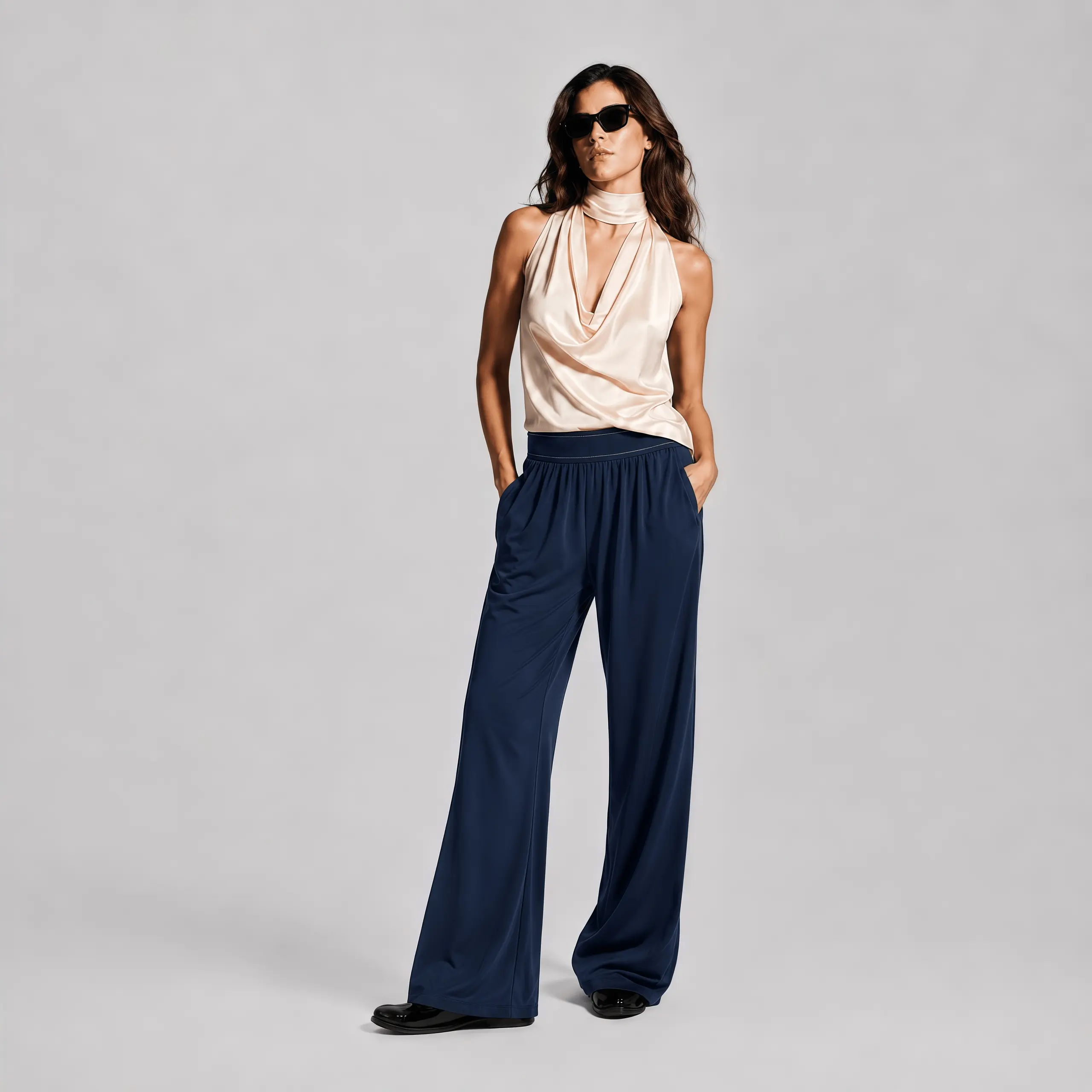 Women's Casual High-Waisted Wide-Leg Palazzo Pants with Pockets – Soft, Stretchy & Lightweight Fabric for Office, Travel, and Everyday Wear, Black