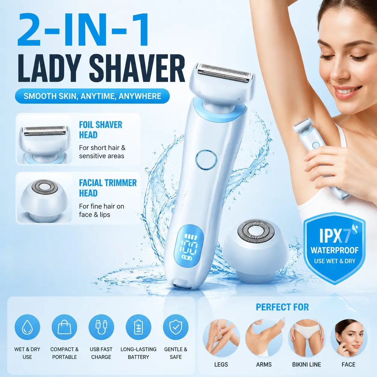 Women's 2-in-1 Electric Beauty Products - IPX7 Waterproof Painless Stainless Steel Body Razor & Facial Trimmer, Lightweight Wet/Dry Rechargeable, LED Display, Removable Washable Blade for Legs, Armpits, Bikini Area, Intimate Gift, Abs, Fastcharging, Hair,