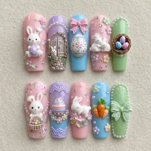 Bunny Press On Nails 3D Rabbit Egg Basket Charms Easter Pastel Pink Blue Spring Cute Garden