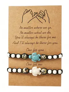 2Pcs Bohemian Adjustable Turtle Braided Card Bracelets, Friendship Wristbands, Natural Stone Beaded Jewelry, Perfect for Beach Vacation & Daily Wear, Gift for BFF, Lovers & Couples