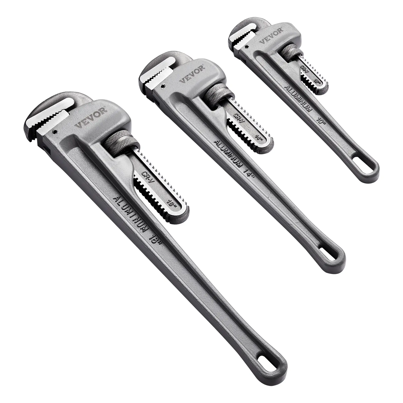 VEVOR Heavy Duty 3-Piece Aluminum Straight Pipe Wrench Set (10" 14" 18"), Adjustable Hand Tool with High-Strength Jaw, Ergonomic Handle, Hangable Design for Water Pipes, Automotive Repair