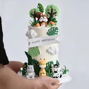 Animal System Forest Theme Kids Boy Birthday Cake Decorations, Cake Decorating Supplies, Cartoon Animals Zebra Hippo Squirrel Monkey Rabbit Elephant Baby Birthday Insert, Party, Home Ornament