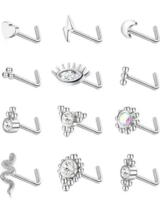 12Pcs Nose Studs 20G L Shape Corkscrew Nose Rings Studs Cute Bead Ball Snake Evil Eye Heart Diamond Nose Ring Studs for Women Men Silver Gold Nose Piercing Jewelry Stud SL Nose Piercings Kit