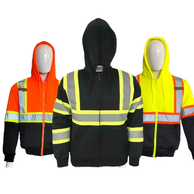 Polyester Long-Sleeve Zippup Hooded Work Sweater - Security & Safety Workwear Top with Reflective 360-Degree Visibility for Home Improvement, Security Use