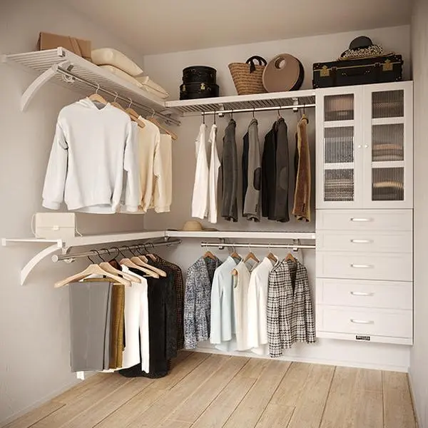 8' x 6' Solid Wood L Shaped Walk-in Closet Organizer with 5 Shaker Drawers & Doors