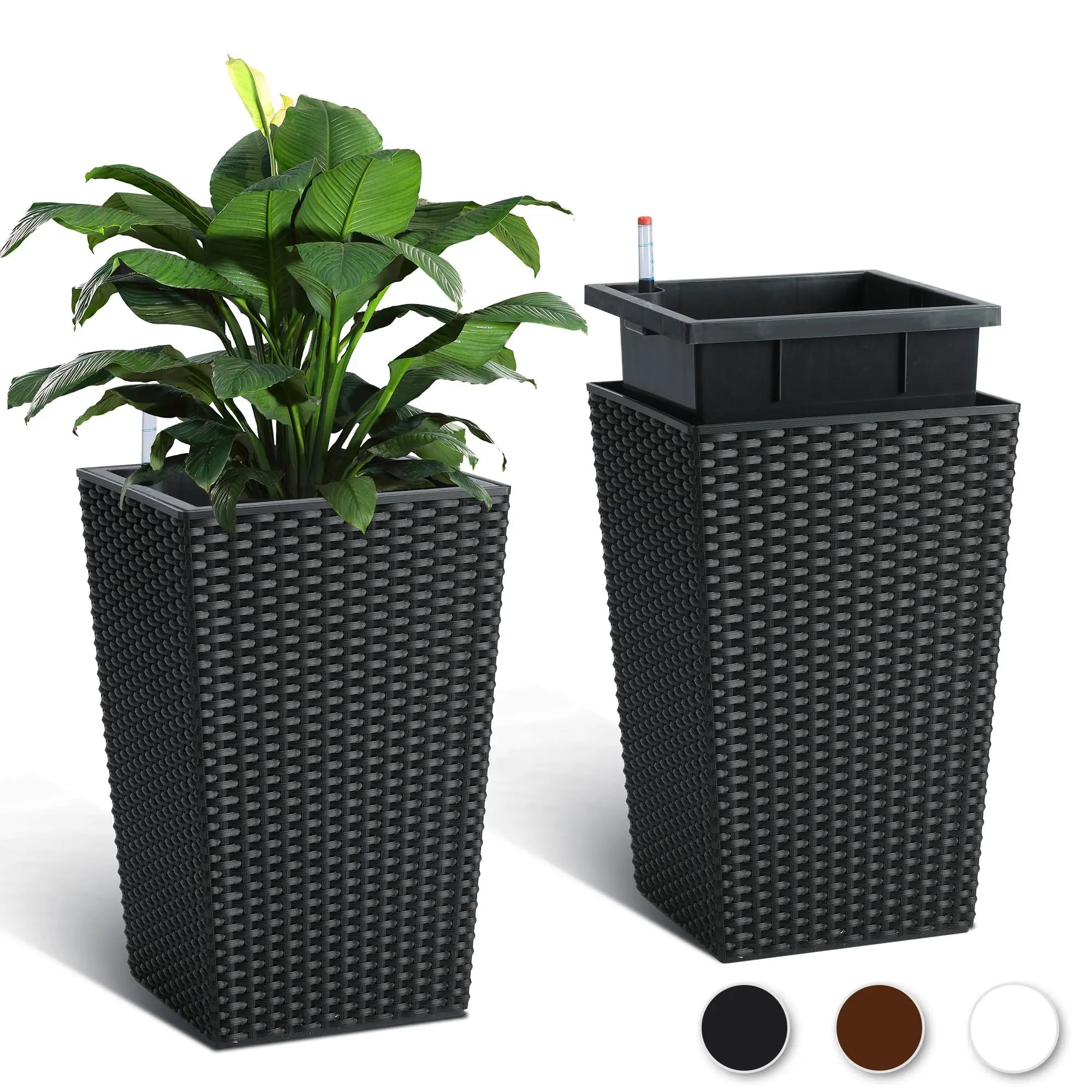 GAOMON 16 in Tall Planter Set of 2 Large Rattan Flower Pot with 2 Trays&a Water Level Monitor & Wheels Outdoor and Indoor for Patio,Porch, Living Room,Black Unique Pots Woven Pot