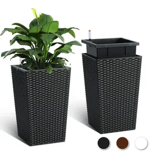 GAOMON 16 in Tall Planter Set of 2 Large Rattan Flower Pot with 2 Trays&a Water Level Monitor & Wheels Outdoor and Indoor for Patio,Porch, Living Room,Black Home Decor Pots Unique Pots