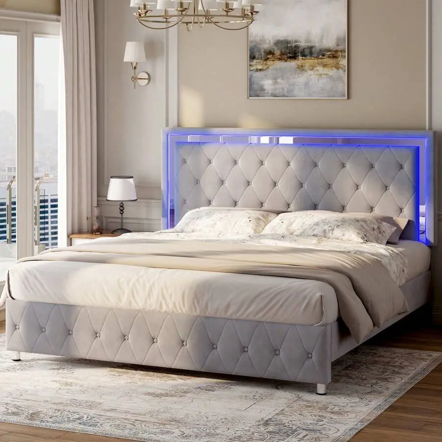 Full/Queen Size Velvet Upholstered Platform Bed Frame With LED Lights, Headboard & Footboard - No Box Spring Required, Light Grey