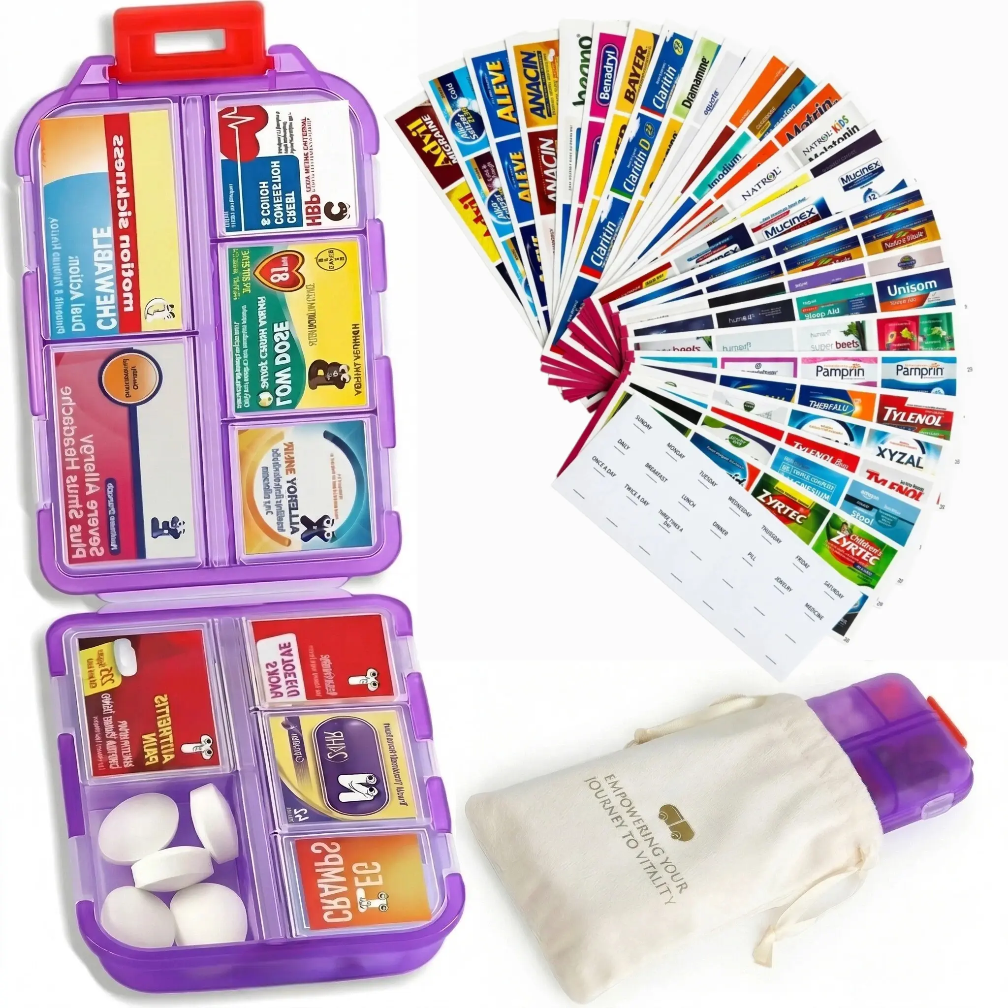 Travel Size Polypropylene Pill Organizer Box - 10 Compartment High-Capacity Medicine Kit with 200 Labels, Increased Capacity with Slim Profile, User-Friendly & Portable Pocket Purse Pharmacy for Daily Vitamin Supplement Medication Holding, Small