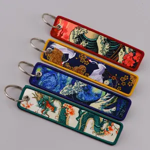 Van Gogh Embroidery Key Fobs Japanese Waves Key Tags Keychain For Motorcycles Cars Key Ring Accessories Jewelry Chaveiro Gifts