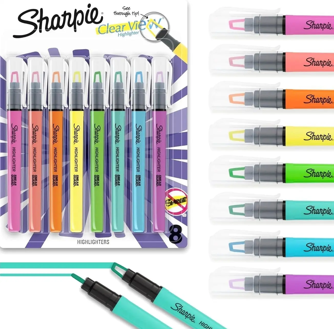 Sharpie Clear View Highlighter Sticks, Chisel Tip Highlighter Market Set, Essential School & Teacher Supplies, Smear Resistant, Assorted Color Highlighters, 8-Pack