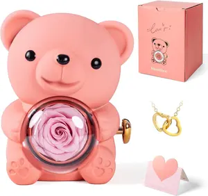 Teddy Bear with Preserved Rose, Flower Forever in Bear with Necklace and Elegant Gift Box for Women, Romantic Bear Roses Gifts for Valentines Mothers Day Anniversary Day Birthday