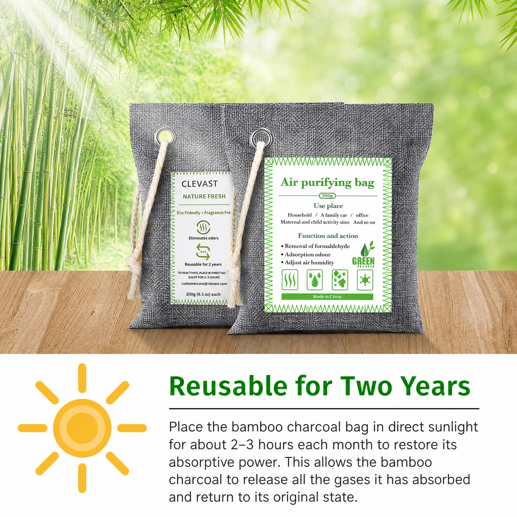 Reusable Bamboo Charcoal Air Purifying Bags, 200g*3 Natural Odor Eliminator & Moisture Absorber, Formaldehyde VOC Remover for Car Closet Fridge Basement Home Office, Long Lasting 2–3 Year Renewable Dehumidifier Bags