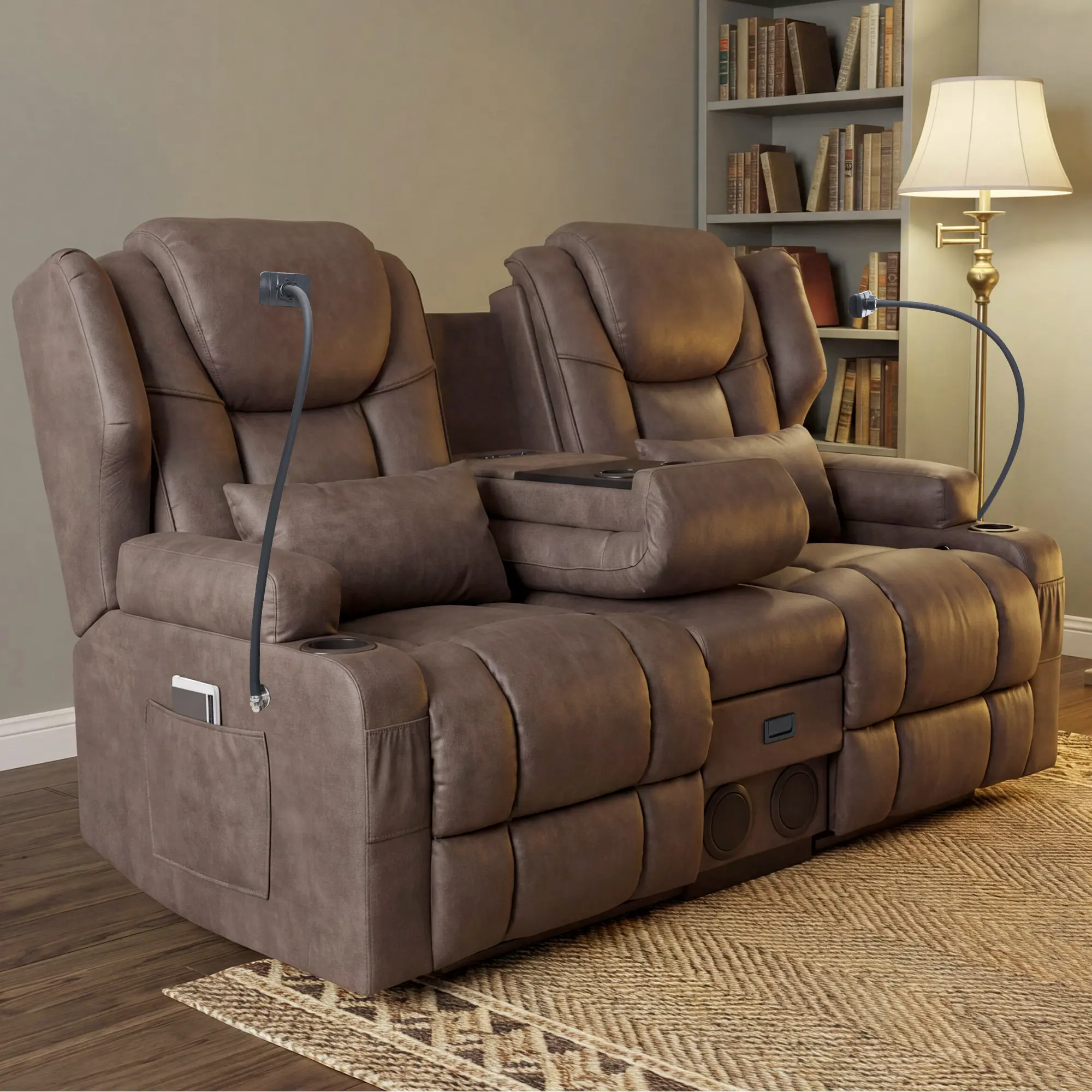 Brown Manual Wall-Hugger Loveseat Recliner with Massage, Heat, Bluetooth Speakers & Cup Holders – Indoor Living Room Furniture for Small Space Apartments, RVs
